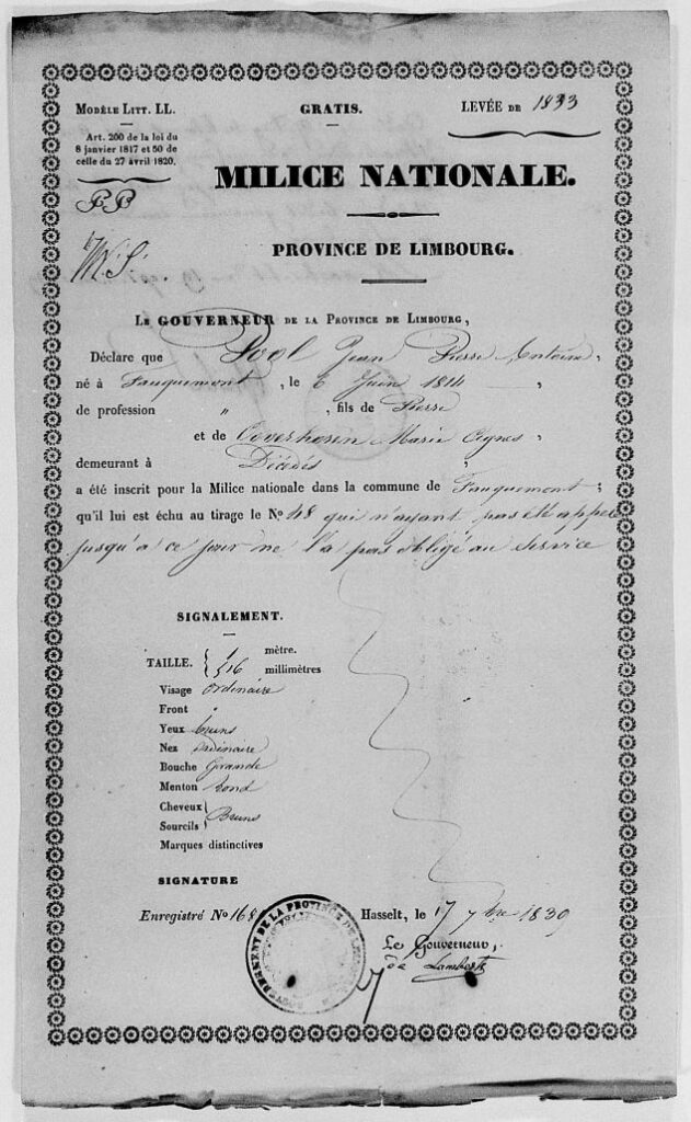 military certificate for Jean Pierre Antoine Pool, issued in 1839